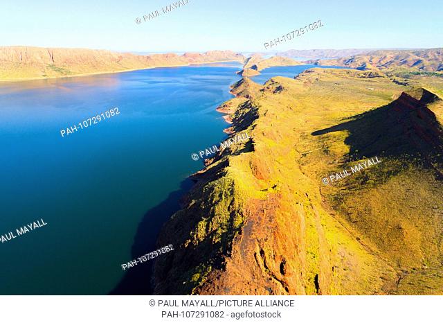 Lake Argyle, a man made fresh water lake from the Ord River, seen from the air, Kimberley, Northwest Australia | usage worldwide