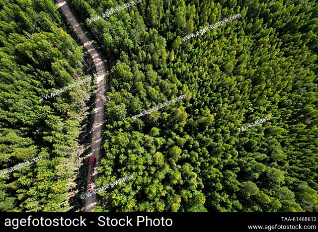 RUSSIA, VOLOGDA REGION - AUGUST 23, 2023: A lorry returns from a timber site of Vozhega-Les, a logging company based in the village of Kadnikovsky and owned by...