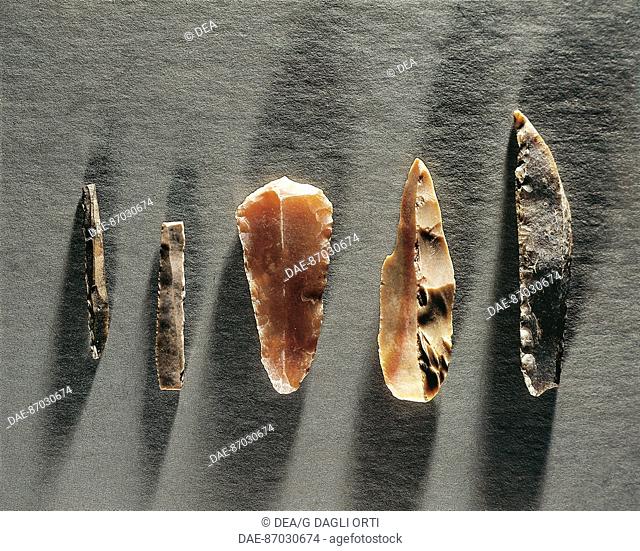 Prehistory, France, Paleolithic - Stone tools: scraper, burin, gimlet, bifacial points.  Saint Germain-En-Laye, Musée Des Antiquités Nationales (Archaeological...