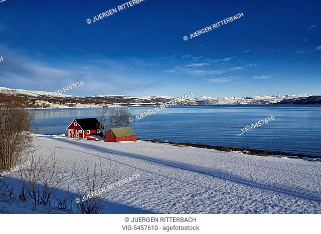 winter landscape with typical red house at snow covered coast, Senja, Troms, Norway, Europe - Troms, Norway, 22/02/2016