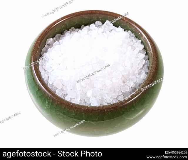 ceramic salt cellar with coarse grained Sea Salt isolated on white background