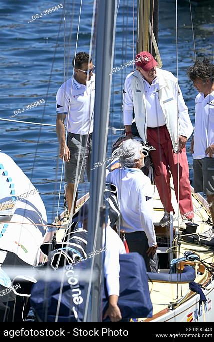 King Juan Carlos of Spain on board Bribon yatch during third series of the Spanish 6 Metres Cup day 1 at Sanxenxo Royal Yacht Club on May 20, 2022 in Sansenxo
