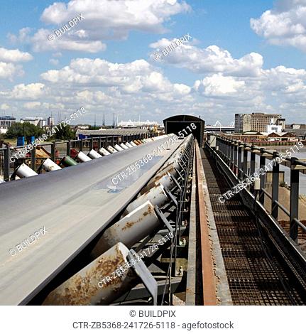 Conveyor belt at an aggregate plant, Greenwich, South-East London, UK
