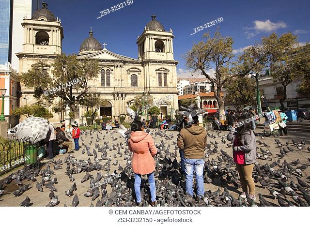 Young local people playing with the pigeons at Plaza Murillo Square with Cathedral Basilica of Our Lady of Peace at the background, La Paz, Bolivia