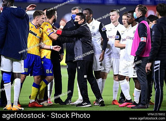 STVV's Pol Garcia Tena and Genk's Jhon Lucumi Bonilla pictured after a soccer match between Sint-Truidense VV and KRC Genk
