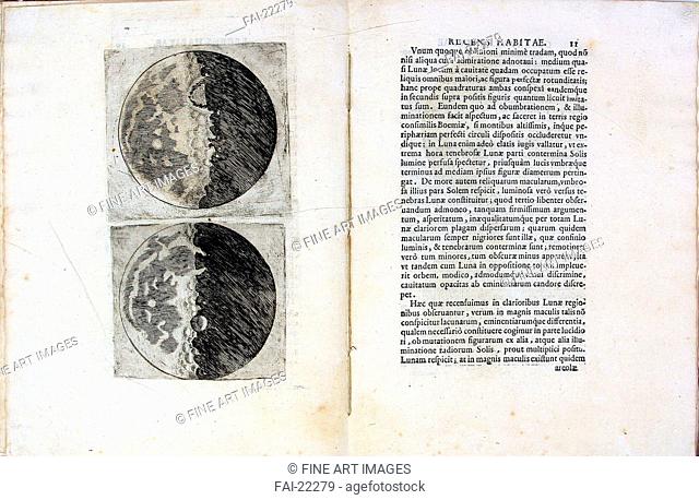 Leaf of book Sidereus Nuncius (Sidereal Messenger) by Galileo Galilei. Galilei, Galileo (1564-1642). Etching. History of science. 1610. Italy