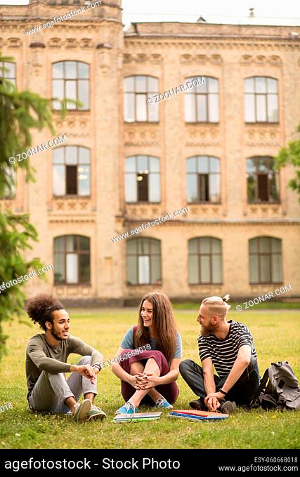 Students having lively conversation sitting on lawn. Two young men and girl talking in campus