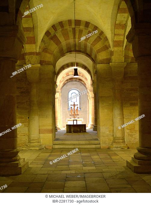 Pre-crypt with epitaph, eastern wing of the crypt, tombs of the Salian Dynasty, the largest Romanesque columned hall in Europe, Speyer Cathedral