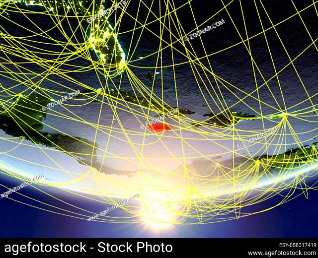 Jamaica on model of planet Earth in sunrise with network representing travel and communication. 3D illustration. Elements of this image furnished by NASA