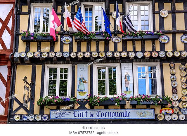 France, Brittany, FinistÃ¨re Department, Quimper, Place Saint Corentin, 'Art de Cornouaille' faience shop