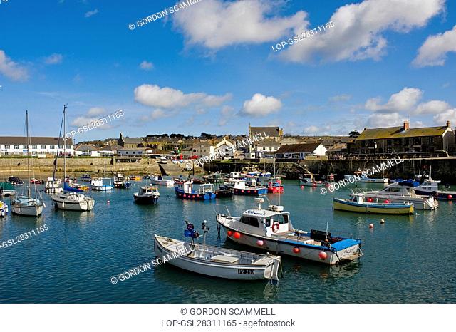 England, Cornwall, Porthleven. Boats moored in Porthleven Harbour