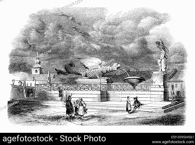Fountain of the Dragon, in Klagenfurt, Carinthia, vintage engraved illustration. Magasin Pittoresque 1842