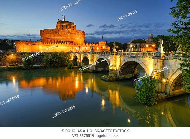 Blue Hour on Castel Santâ. . Angelo and Bridge of Angels Rome Italy World Location