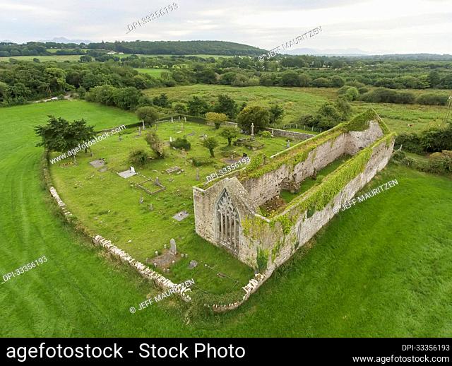Aerial view of the 13th Century ruins of the Augustinian, Killagha Abbey; Milltown, County Kerry, Ireland