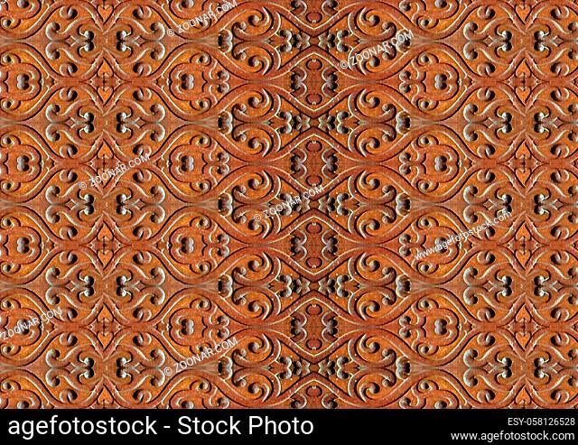 Digital collage technique wooden ornate seamless pattern design in brown tones