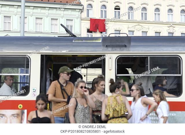A red trunks is seen in a window in Prague, Czech Republic, on August 21, 2018, on the occasion of the 50th anniversary of the invasion
