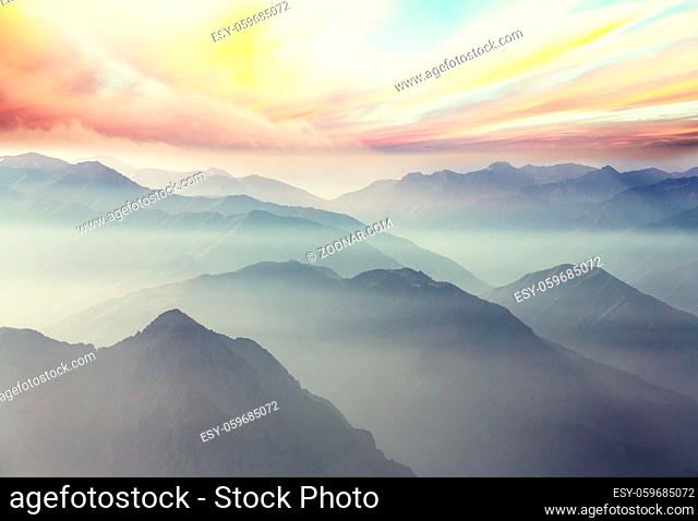Mountains silhouette at sunrise. Beautiful natural background
