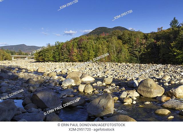 Black Mountain from the along the East Branch of the Pemigewasset River in Lincoln, New Hampshire during the autumn months