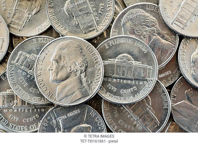 Close up of US coins, studio shot