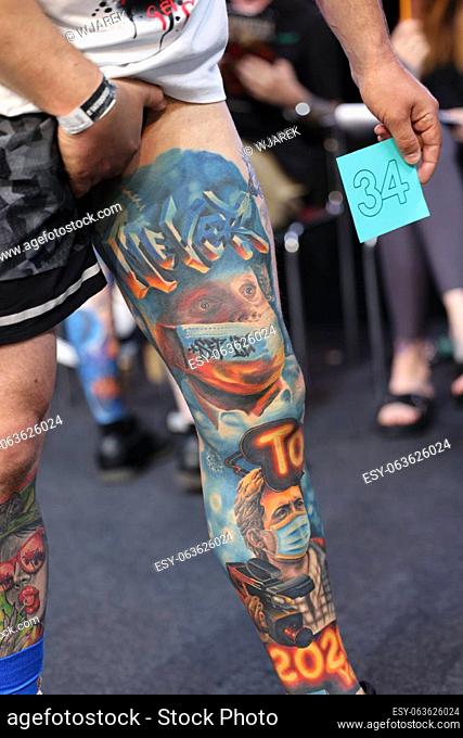 Krakow, Poland - June 12, 2022: Unidentified participant during the contest for the best tattoo at the 15th Tattoofest Convention in Cracow