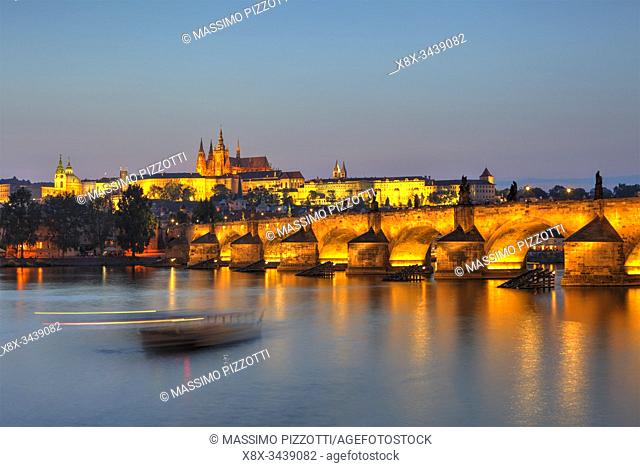 Saint Vitus Cathedral and Charles Bridge at dusk, Prague, Czech Republic