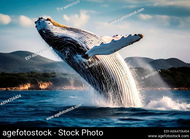 A big whale jumping half out of the water
