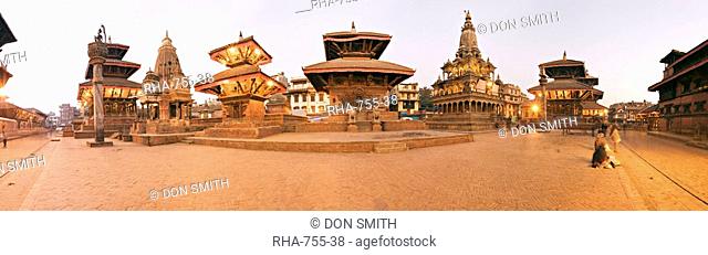 Buildings in Durbar Square, from the left, Hari Shankar Mandir, statue of Yoganarendra Malla on pillar, shikhara style temple