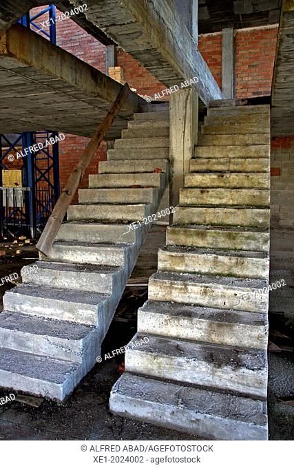Stairs, home in construction, La Fuliola, Urgell, Catalonia, Spain