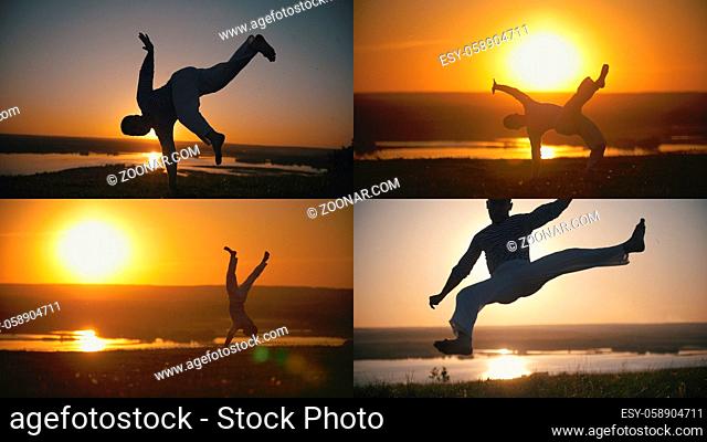 Sportsman is engaged in capoeira in the background of an orange sunset - 4 in 1, telephoto shot