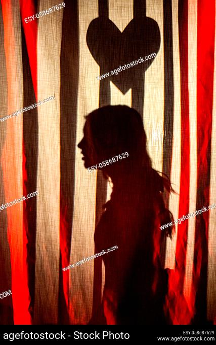 A girl is seen reenacting a scene from a famous love story on a theatre stage during a school production, silhouetted onto a curtain