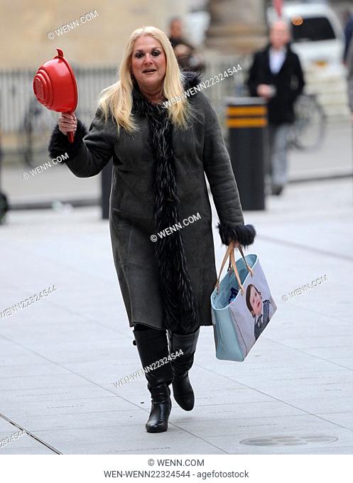 Vanessa Feltz arriving at the BBC Radio 1 studios prepared for the 2015 Solar Eclipse, carrying a red colander Featuring: Vanessa Feltz Where: London