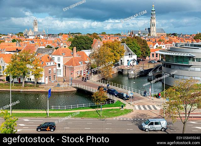 Middelburg, The Netherlands - October 02, 2019: Aerial view at Dutch medieval city Middelburg