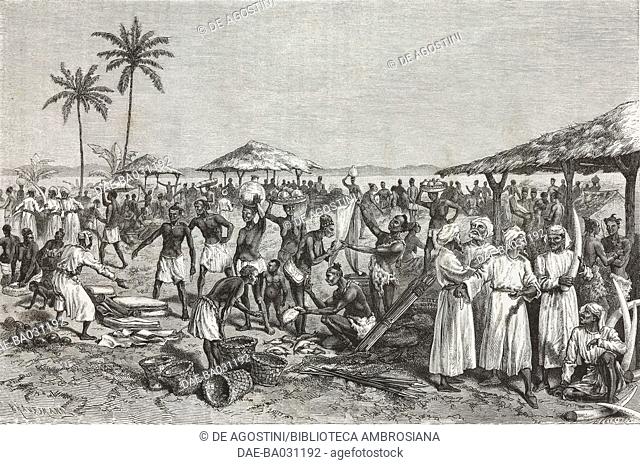 Kahuele market, drawing by Paul Adolphe Kauffmann (1849-1940) from the English edition of Journey across Africa, from Zanzibar to Benguela, 1872-1876