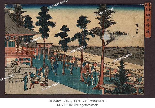 Shrine at Kanda. Print shows exterior view of the Kanda Myojin shrine with a few pilgrims. Date between 1844 and 1848
