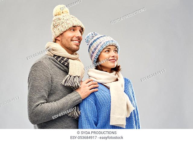 happy couple in winter clothes