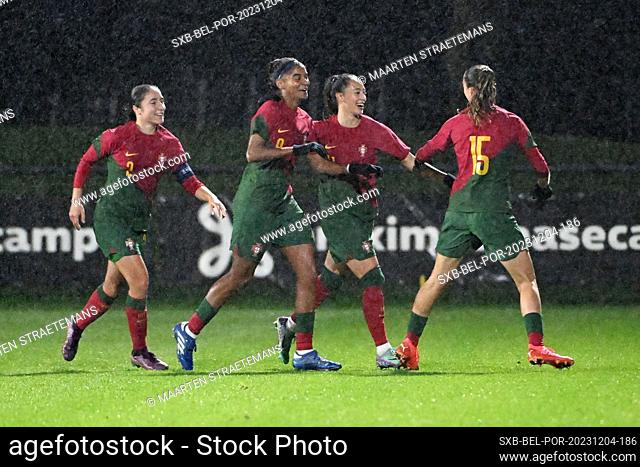 Lara Pintassilgo of Portugal celebrates after scoring the 2-1 goal during a friendly soccer game between the national women under 23 teams of Belgium