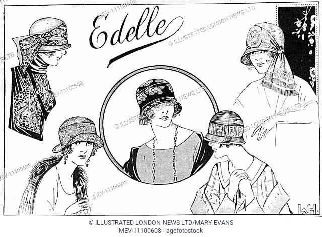 Five stylish women wearing the following outfits from Edelle, 30, New Bond Street: hat and scarf to match of crepe de chine embroidered in cardinal red (left...
