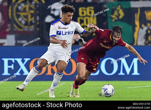 The Lecce player Valentin Gendrey and the Roma player Matias Vina during the match Roma v Lecce at the Stadio Olimpico. Rome (Italy), October 09th, 2022