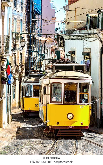 Vintage tram in the city center of Lisbon in a summer day, Portugal