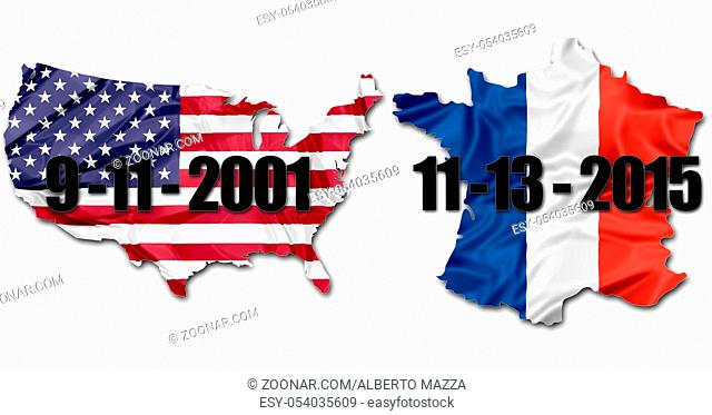 3d illustration of the national US Flag and Frech Flag on map of United States and France with dates of terrorist attacks of September 11 in New York and...