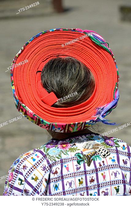 Indegenous woman wearing a tocoyal hat, Santiago Atitlan, Guatemala, Central America