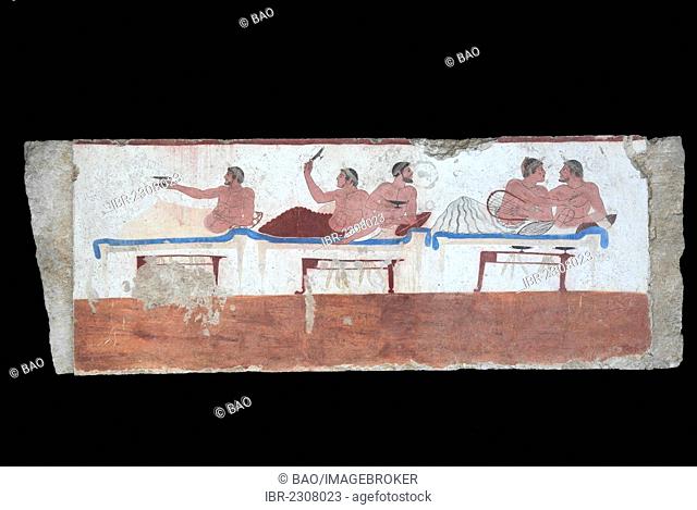 Tomba del Tuffatore, Tomb of the Diver, 480 BC, interior mural painting on the long side with a dining scene, a gay couple and three other people playing the...