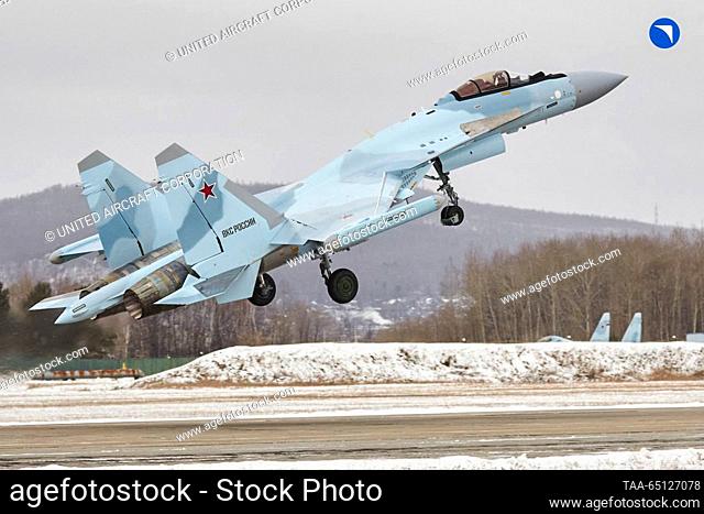 RUSSIA - NOVEMBER 24, 2023: A Sukhoi Su-35S fighter aircraft, manufactured by the United Aircraft Corporation at the Komsomolsk-on-Amur Aircraft Plant for the...