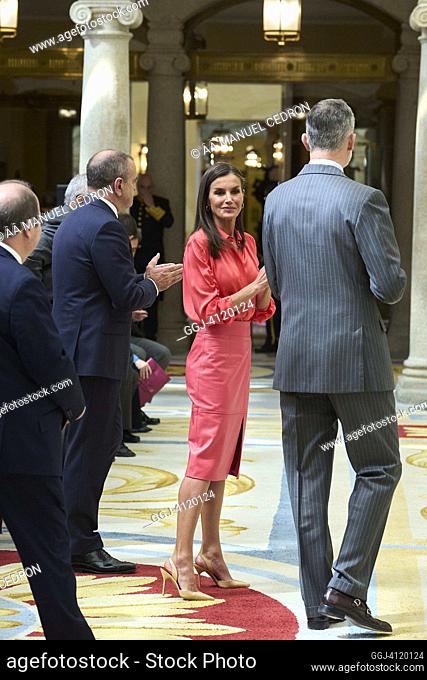 King Felipe VI of Spain, Queen Letizia of Spain attends the National Sports Awards 2021 at El Pardo Royal Palace on April 18, 2023 in Madrid, Spain