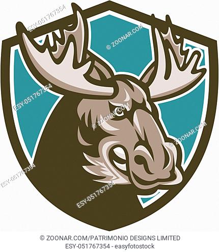 Illustration of an angry moose head set inside shield done in retro style on isolated background