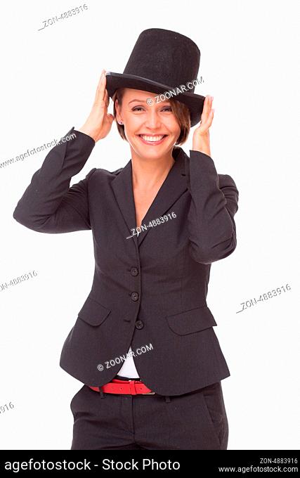 Business woman in suit play with bowler isolated on white