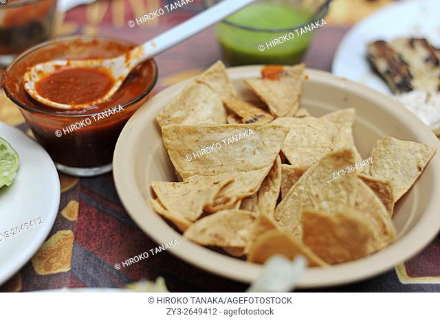 Tortilla chips and hot chile on the table in Tapachula, Chiapas, Mexico