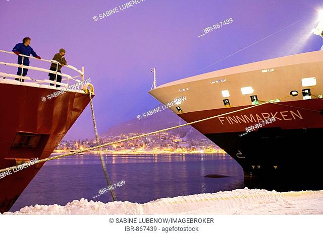 Cruise with the Hurtigruten, Norwegian Coastal Express, Hurtigruten MS Finnmarken Ship in Tromsø harbour, North Norway, Scandinavia, Europe