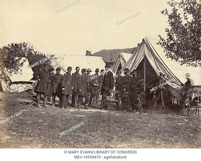 President Lincoln on battle-field of Antietam, October, 1862. Photograph shows Abraham Lincoln at Antietam, Maryland, on Friday, October 3, 1862
