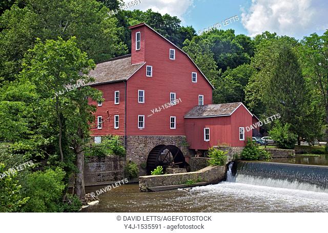 Faded Red Water Mill on the Dam of the Raritan River